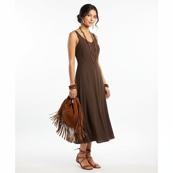 K Studio Brown Linen Blend Sleeveless Midi Dress 8 - Picture 1 of 7